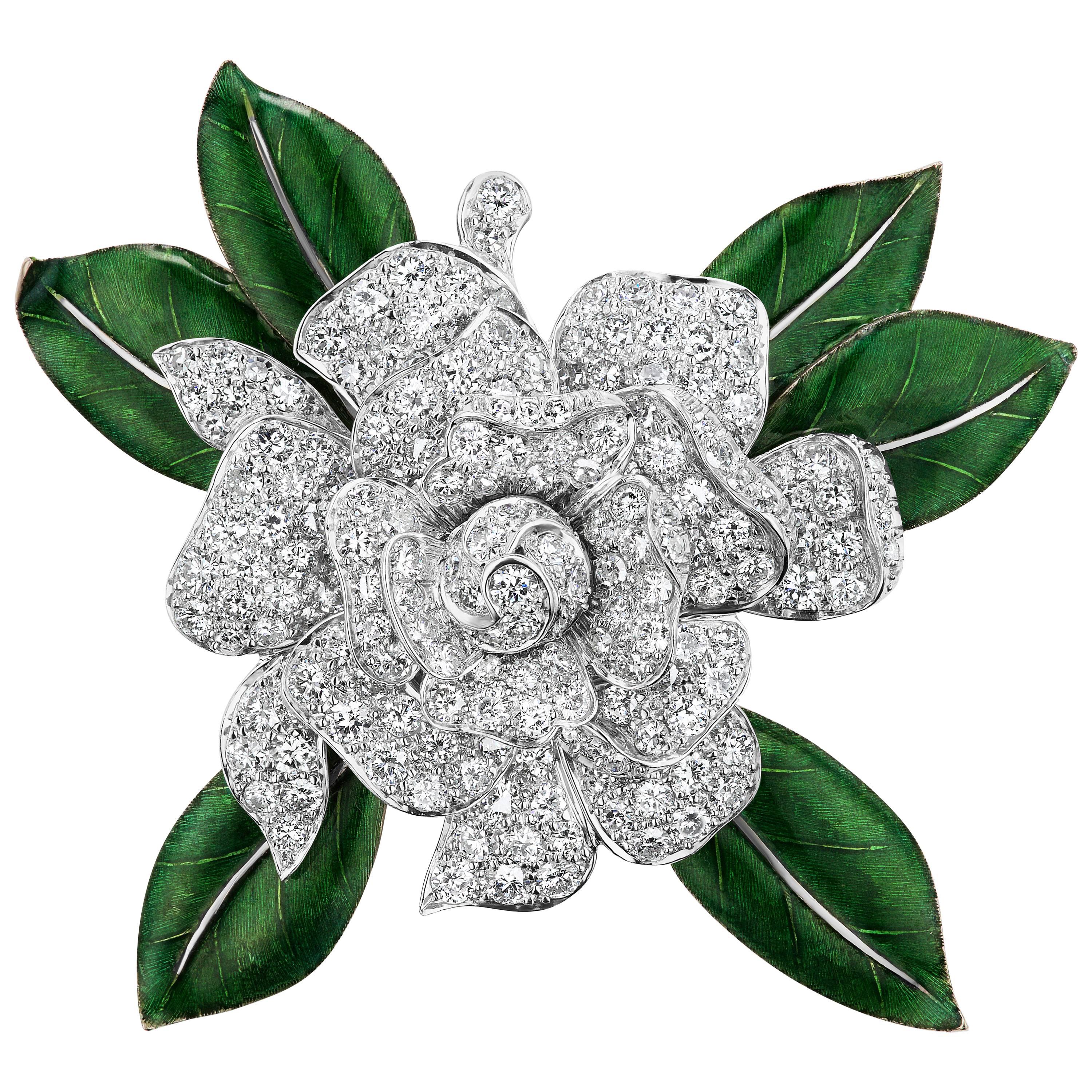 Oscar Heyman & Brothers Diamond Enamel Gardenia Brooch