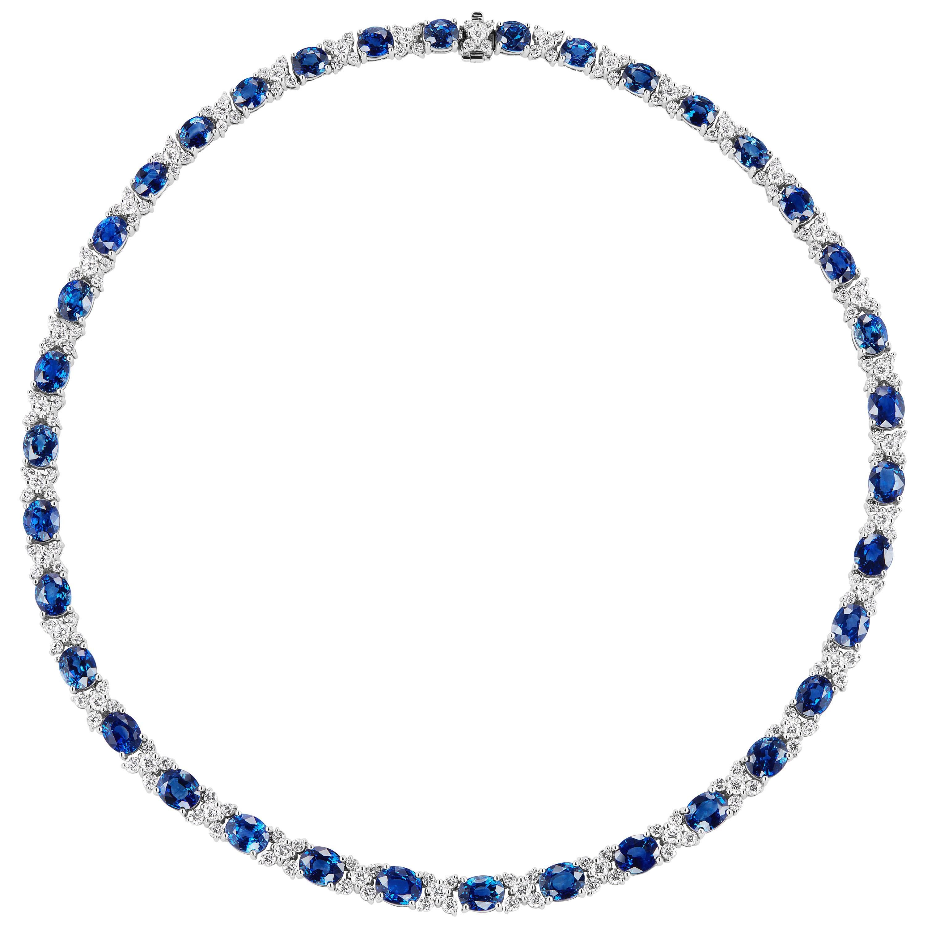 AGL Certified 44.03 Carat Natural Sapphire and Diamond White Gold Necklace