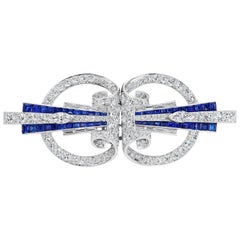 Art Deco Diamond Sapphire Double Clip Pin Brooch
