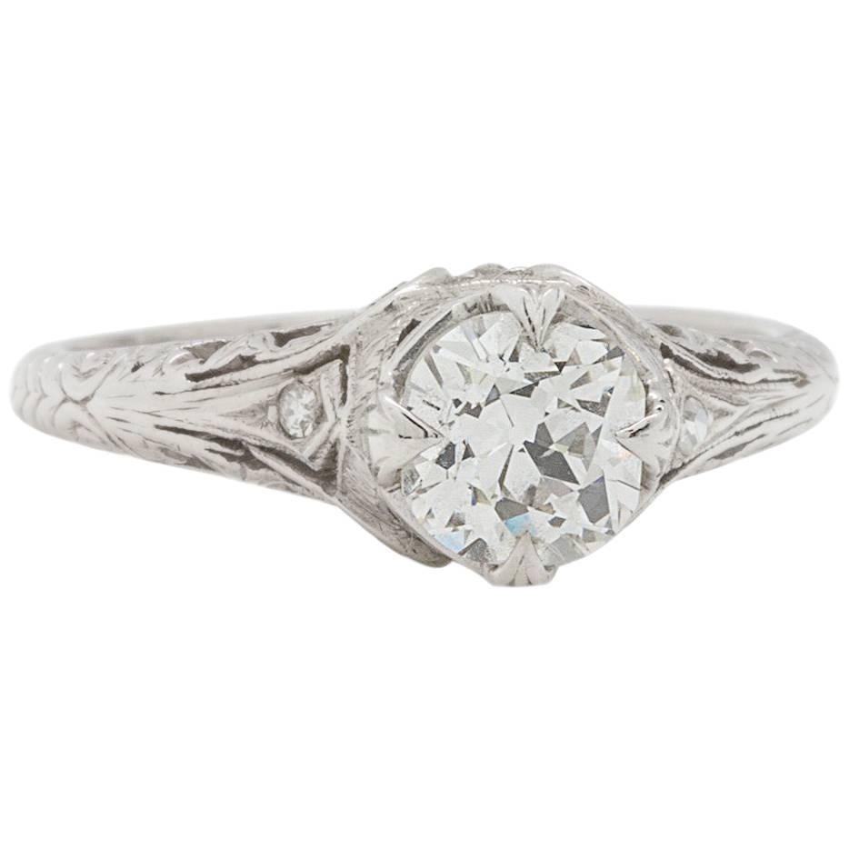 Vintage Engagement Ring Platinum 1.10 Carat Old Mine Cut G-SI2, circa 1920s For Sale