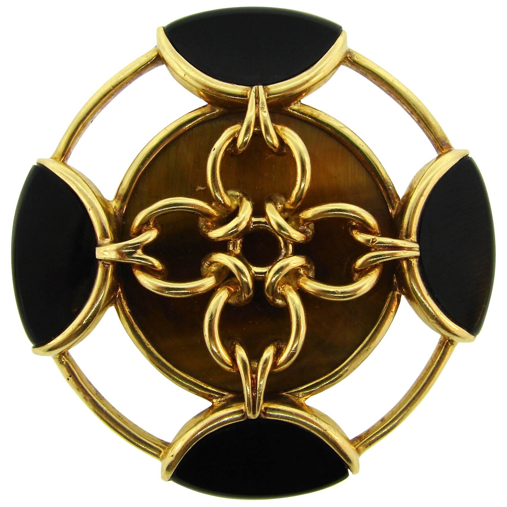 Tiffany & Co. Black Onyx Tiger's Eye Yellow Gold Brooch Pin Clip