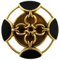 Vintage Tiffany & Co. Black Onyx Tiger's Eye Yellow Gold Brooch Pin Clip