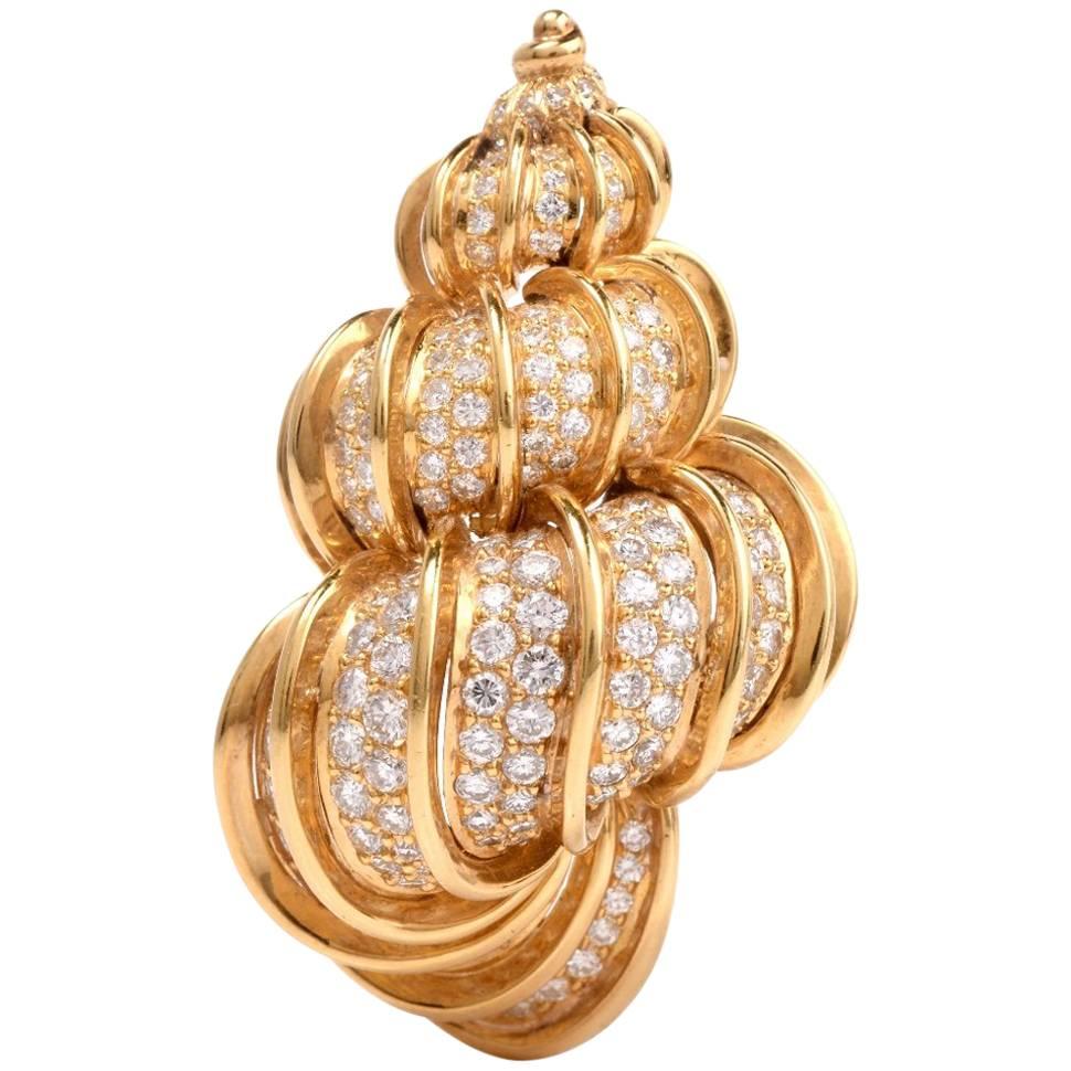 Kurt Wayne Diamond Gold Shell Brooch Pin and Necklace