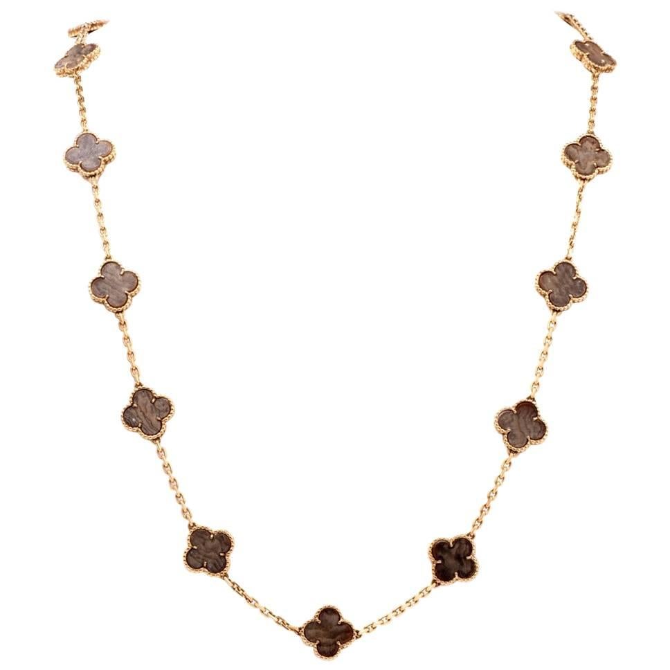 Vintage Van Cleef & Arpels Alhambra Clove Brown Stone Gold VCA Necklace