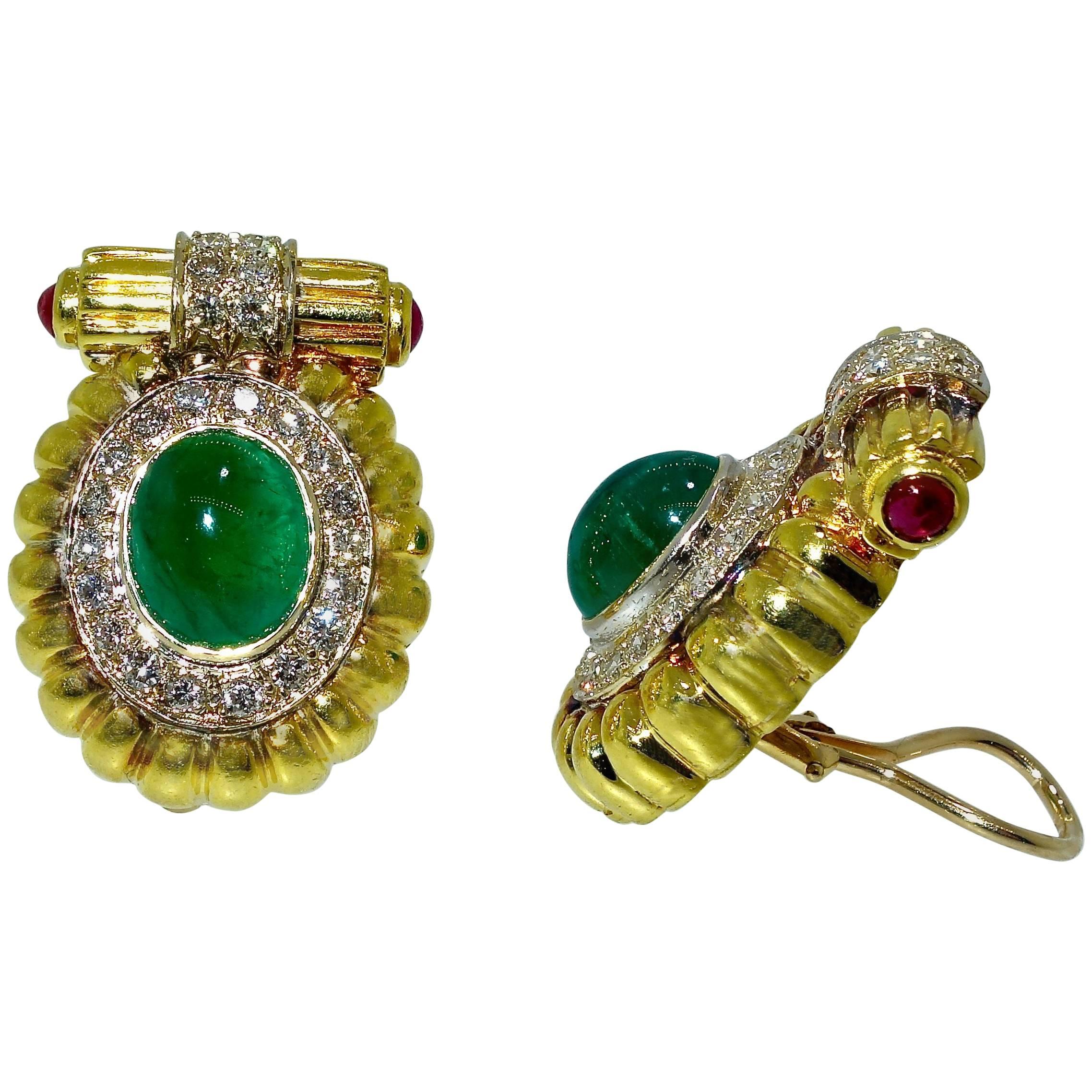 18 Karat Gold, Emerald, Diamond and Ruby Earrings