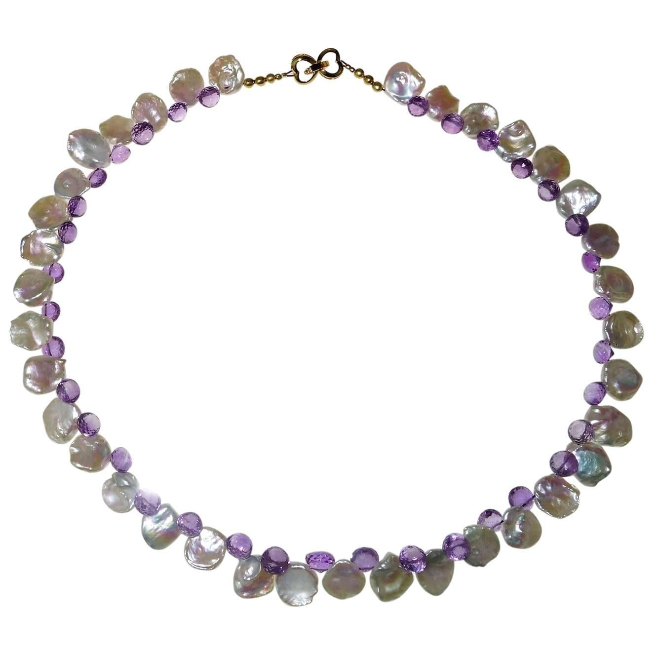 Artisan Gemjunky Iridescent White Keshi Pearl and Amethyst Briolette Necklace 