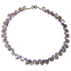 Iridescent White Round Keshi Pearl and Amethyst Briolette Necklace 6