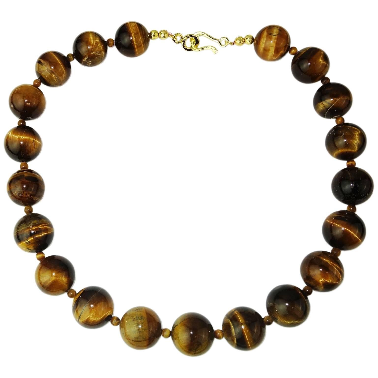 Gemjunky Glowing Highly Polished Tiger’s Eye Necklace with 18K Yellow Gold Clasp