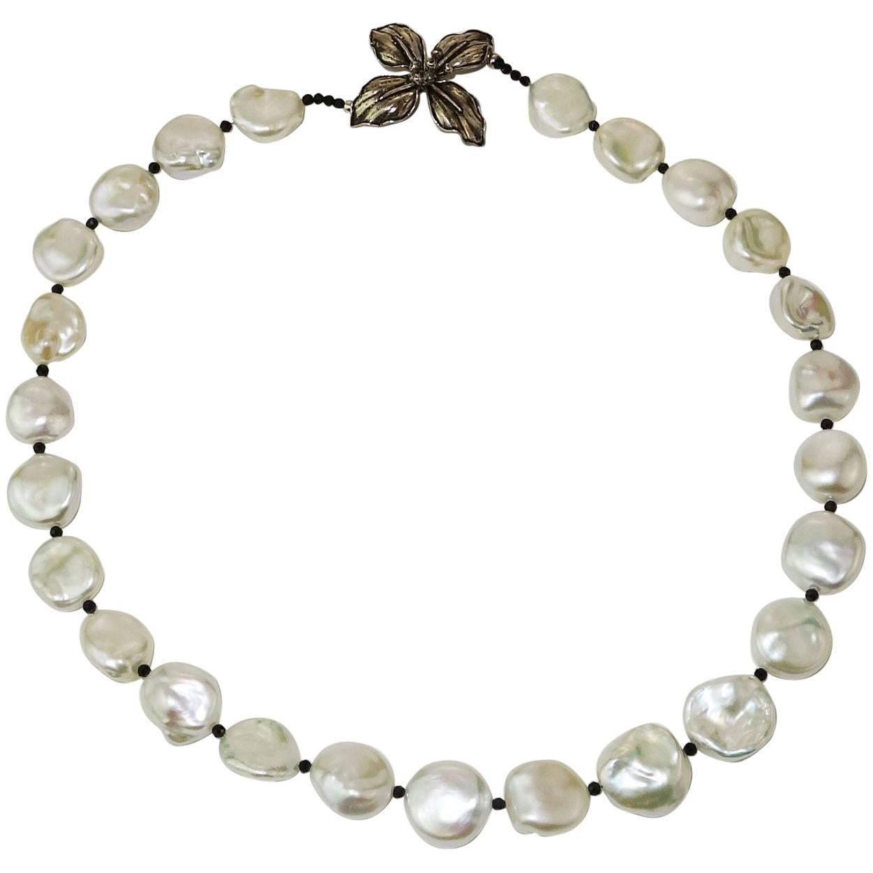 White Iridescent Freshwater Pearls with Black Spinel Accents Necklace