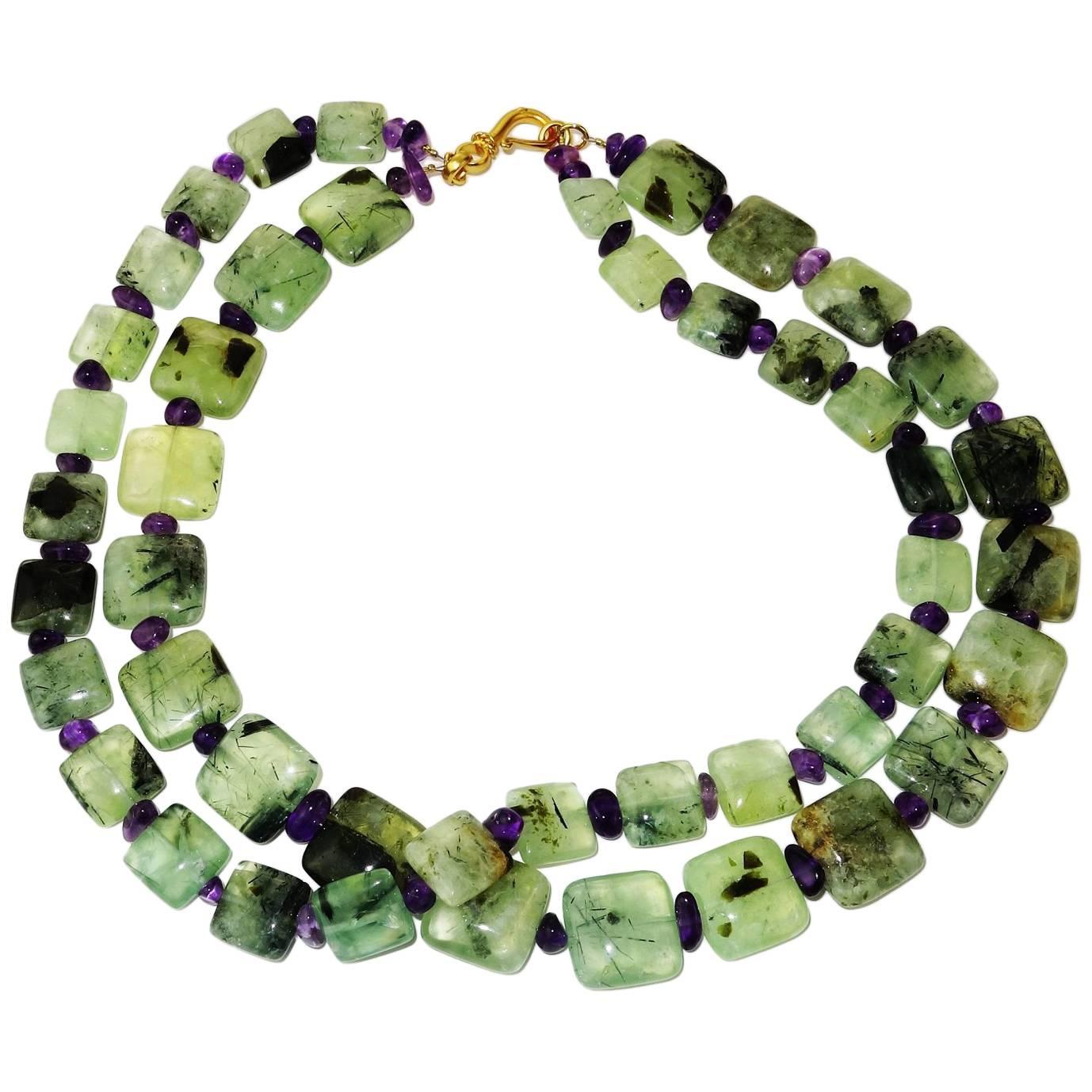 Double Strand of Brazilian Prehnite and Amethyst Necklace