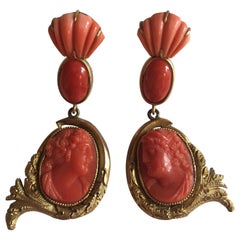 Coral 18k Gold Antiques Cameo Earrings 