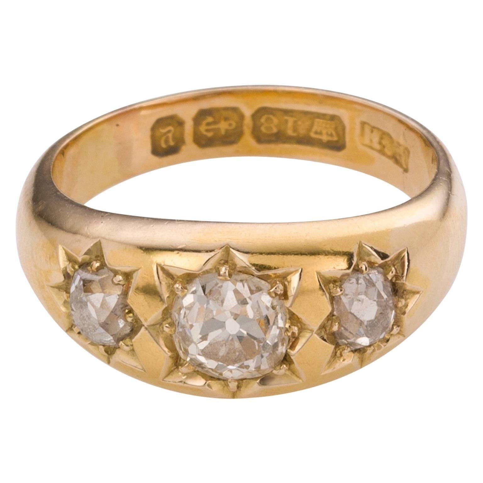 Circa 1890 Antique Diamond Three-Stone Yellow Gold Engagement Ring