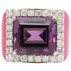 Amethyst Diamond Pink Enamel Gold Ring 9