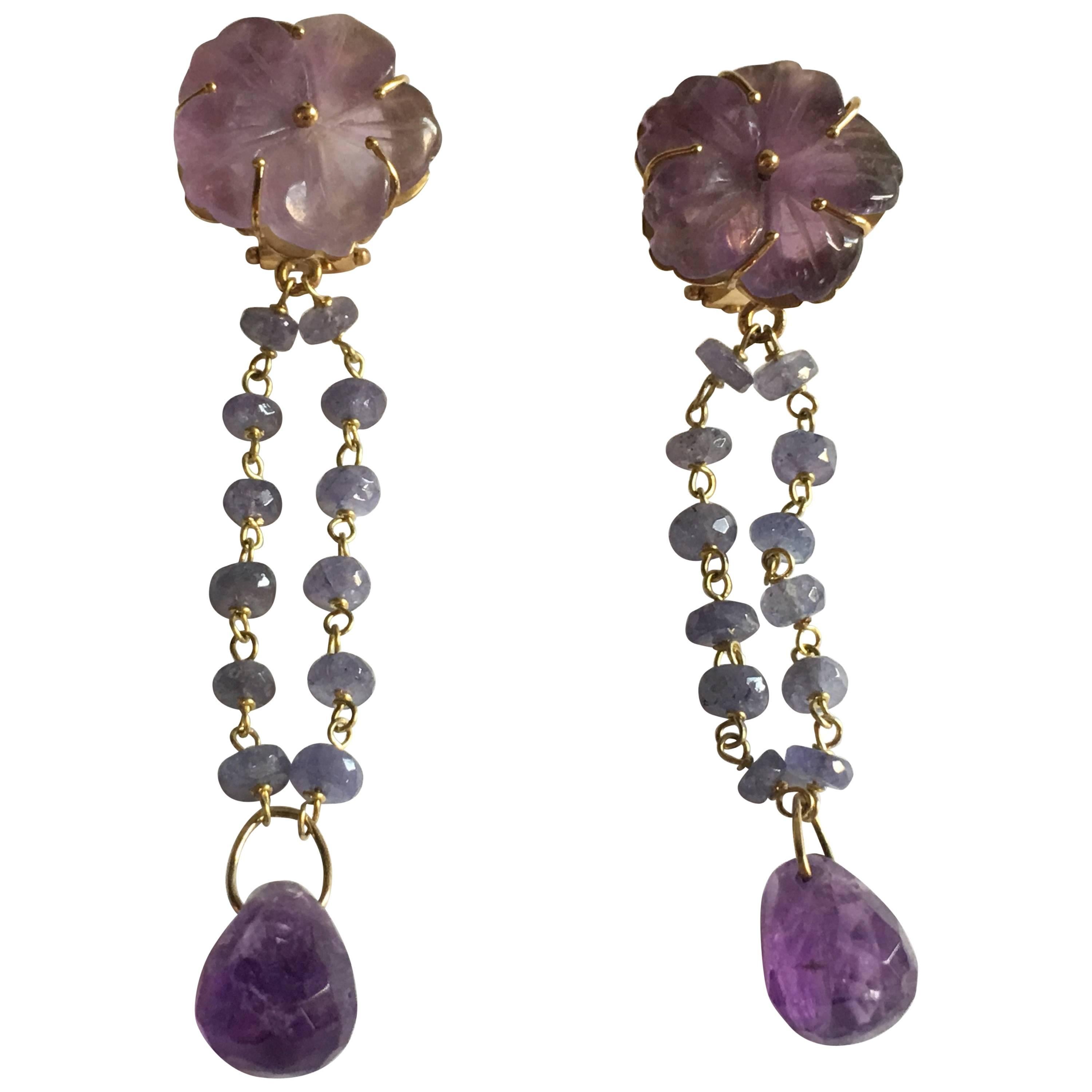 Amethyst Tanzanite Gold Spring Blossom Earring For Sale