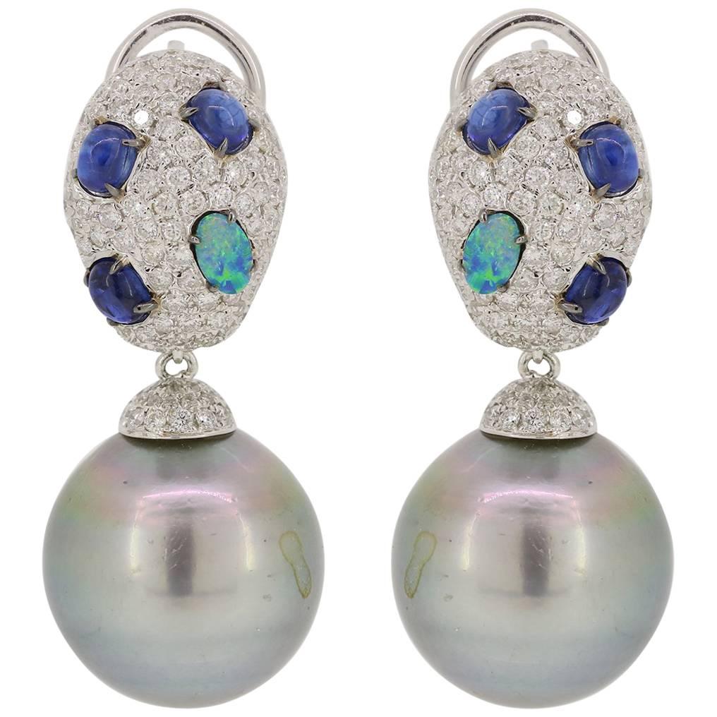 Kyanite Blue Opal Tahitian Pearl Drop Earrings For Sale