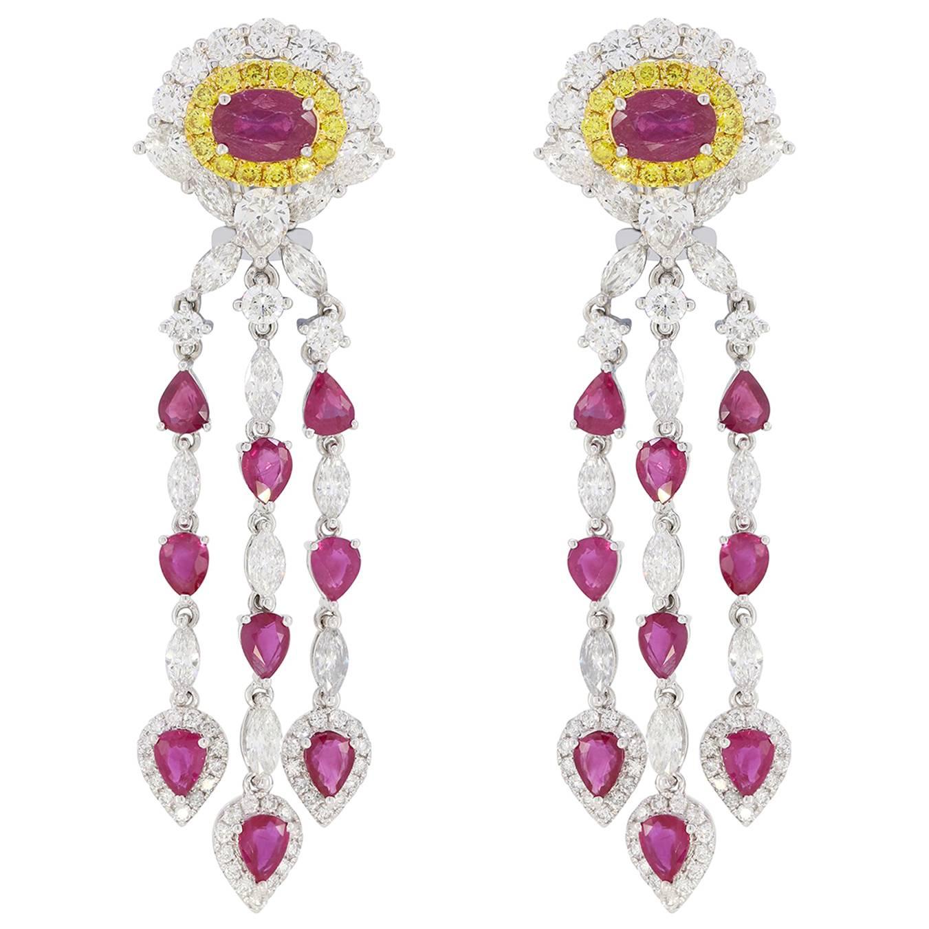 Ruby with White and Yellow Diamond Chandelier Earrings For Sale