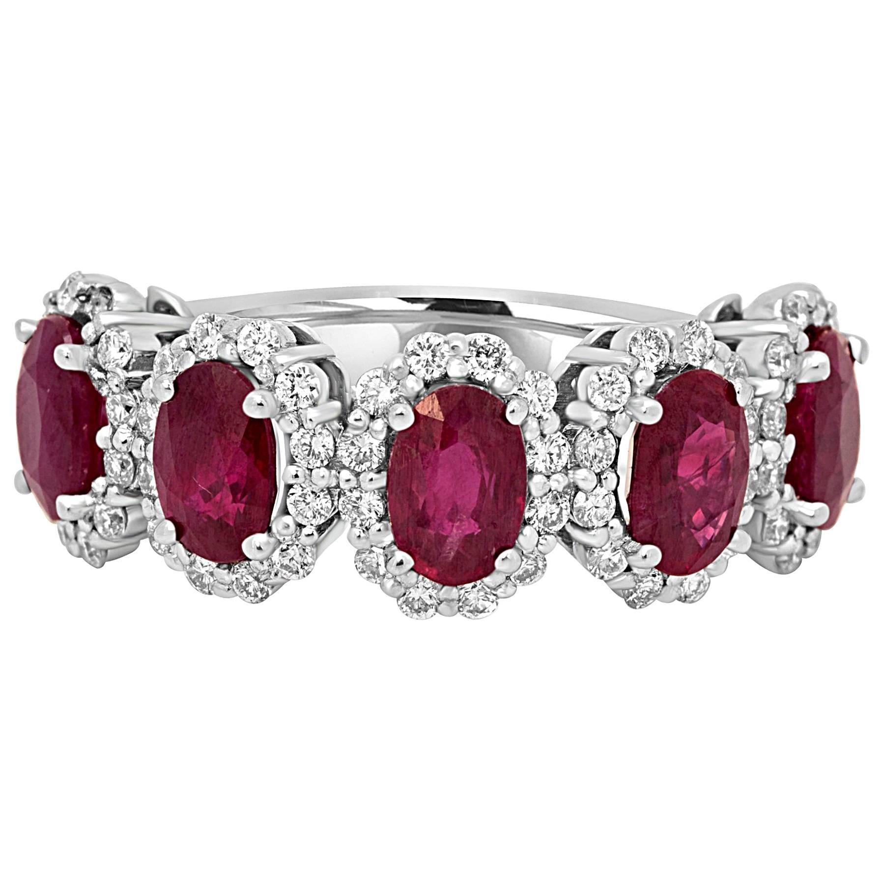 5 Stone Burma Ruby Oval Diamond Round Halo White Gold Fashion Cocktail Band Ring