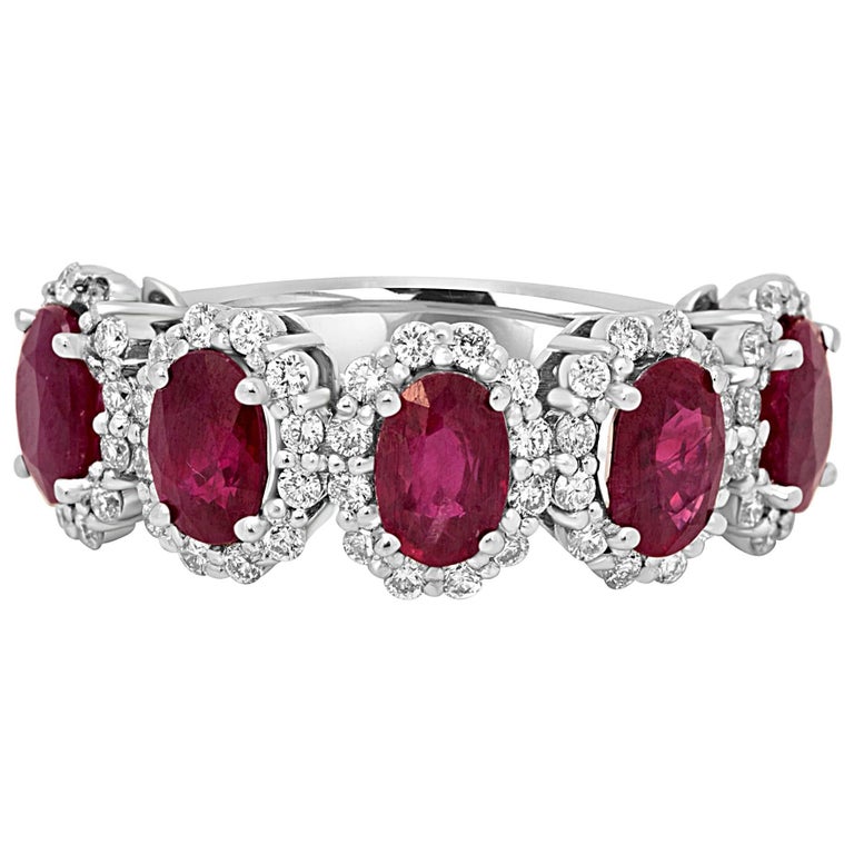 Natural Burma Ruby Oval Diamond Halo Gold Band Ring For Sale at 1stdibs