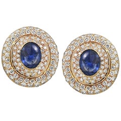 David Webb 1970s Cabochon Sapphire Diamonds Earrings 12