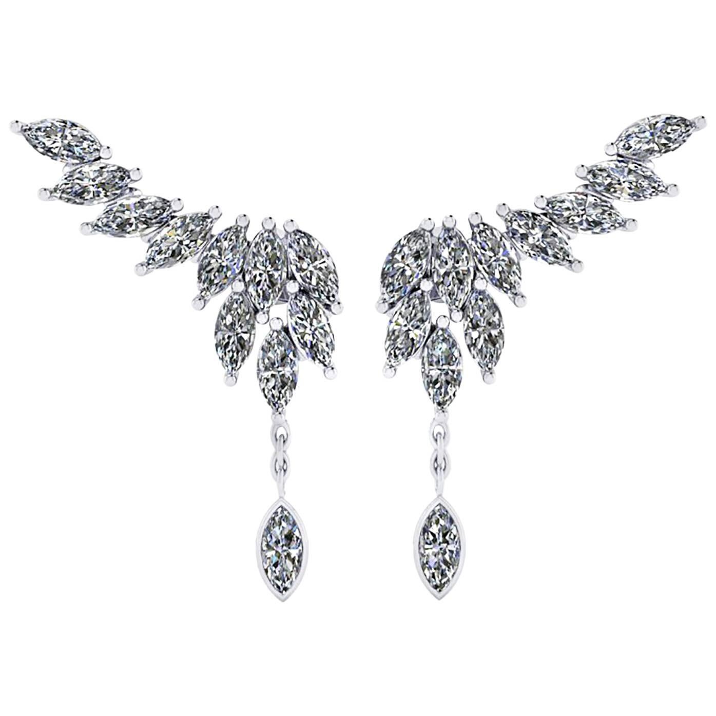 2.75 Carat Marquise Diamonds 18 Karat White Gold Wing Dangling Earrings For Sale