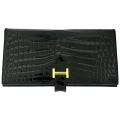 Hermès Bearn Black Alligator Crocodile Skin Two Fold Wallet 11