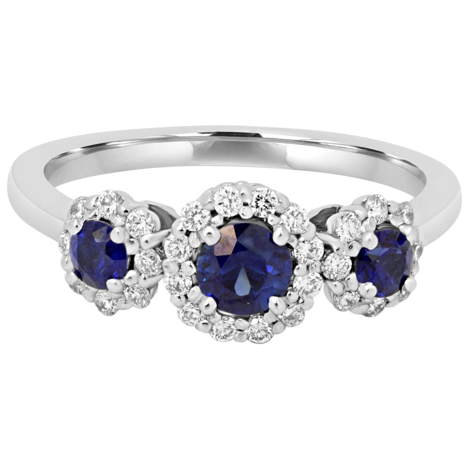 Blue Sapphire Diamond Halo Three Stone Fashion Cocktail Gold Ring