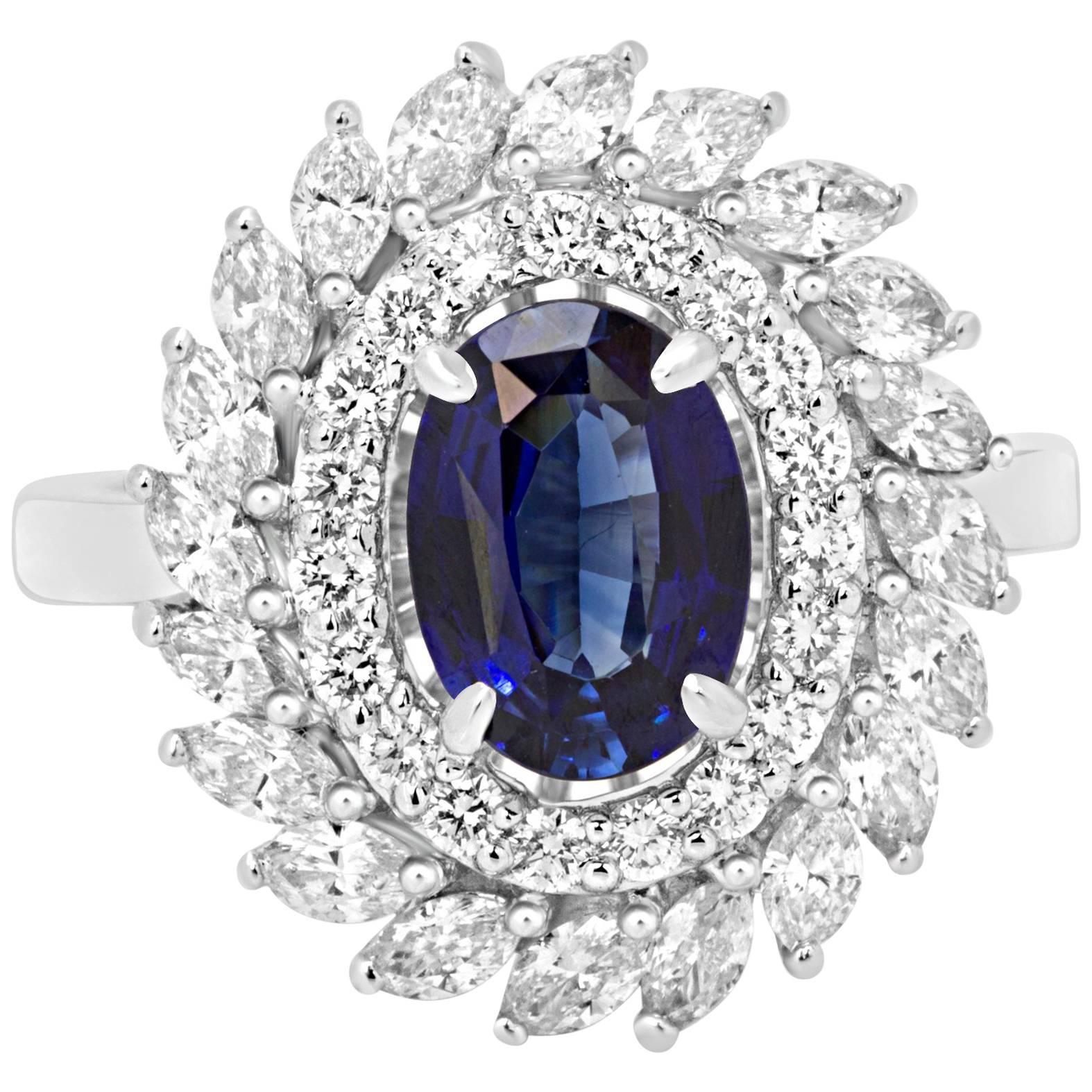 GIA Certified Blue Sapphire Diamond Double Halo Gold Fashion Cocktail Ring