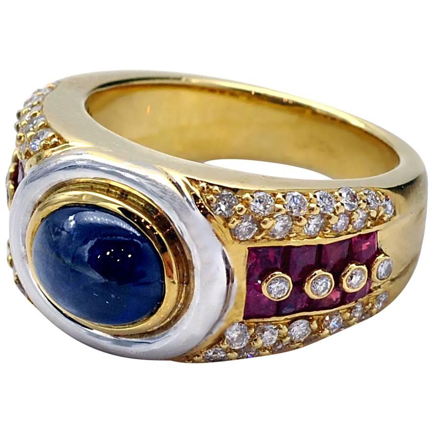 Cabochon-Sapphire Ruby Diamond 18-Karart Gold Dome Ring For Sale