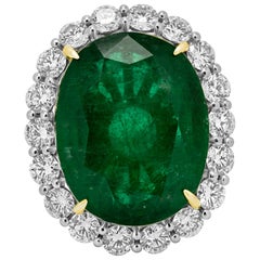 GIA Certified 19.78 Ct Zambian Emerald Diamond Halo Two Color Gold Cocktail Ring