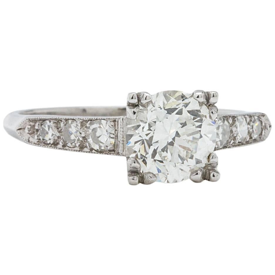 Vintage Engagement Ring Platinum 1.27ct Round Cut Diamond H-VS1, circa 1940s For Sale