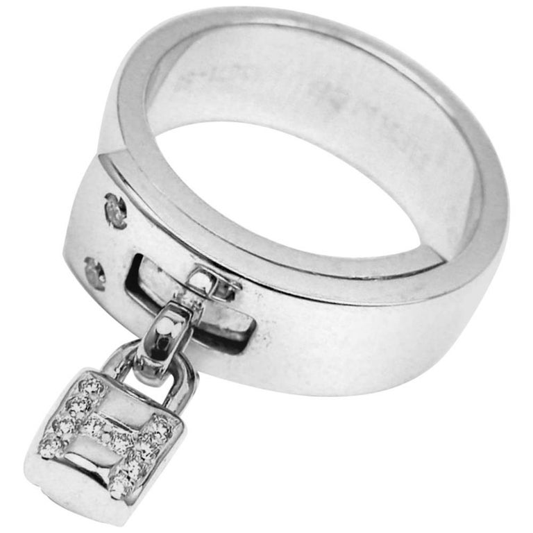 Hermes "H" Lock Diamond White Gold Band Ring For Sale (Free Shipping