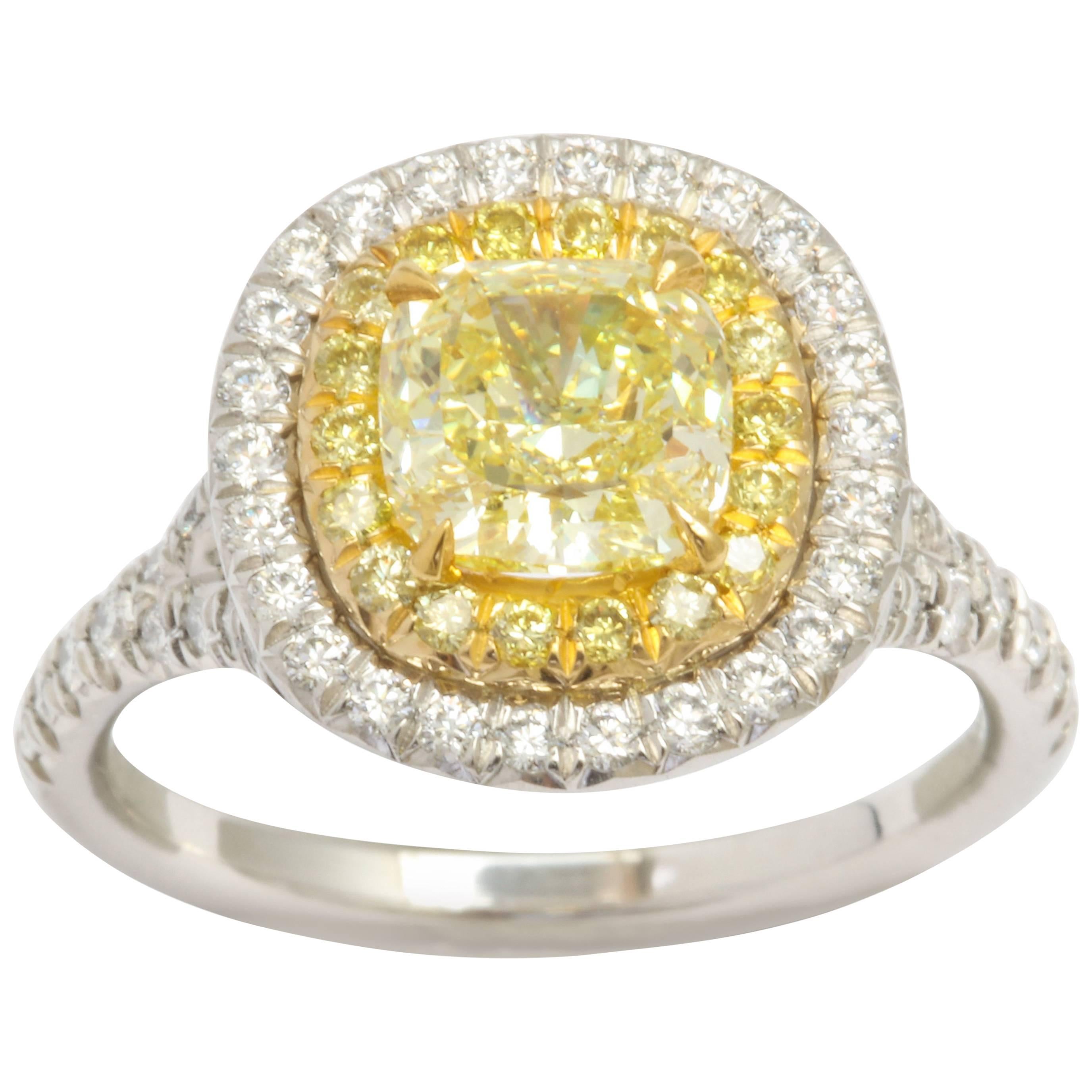 GIA Certified Cushion Cut Intense Yellow Diamond Ring in Platinum 