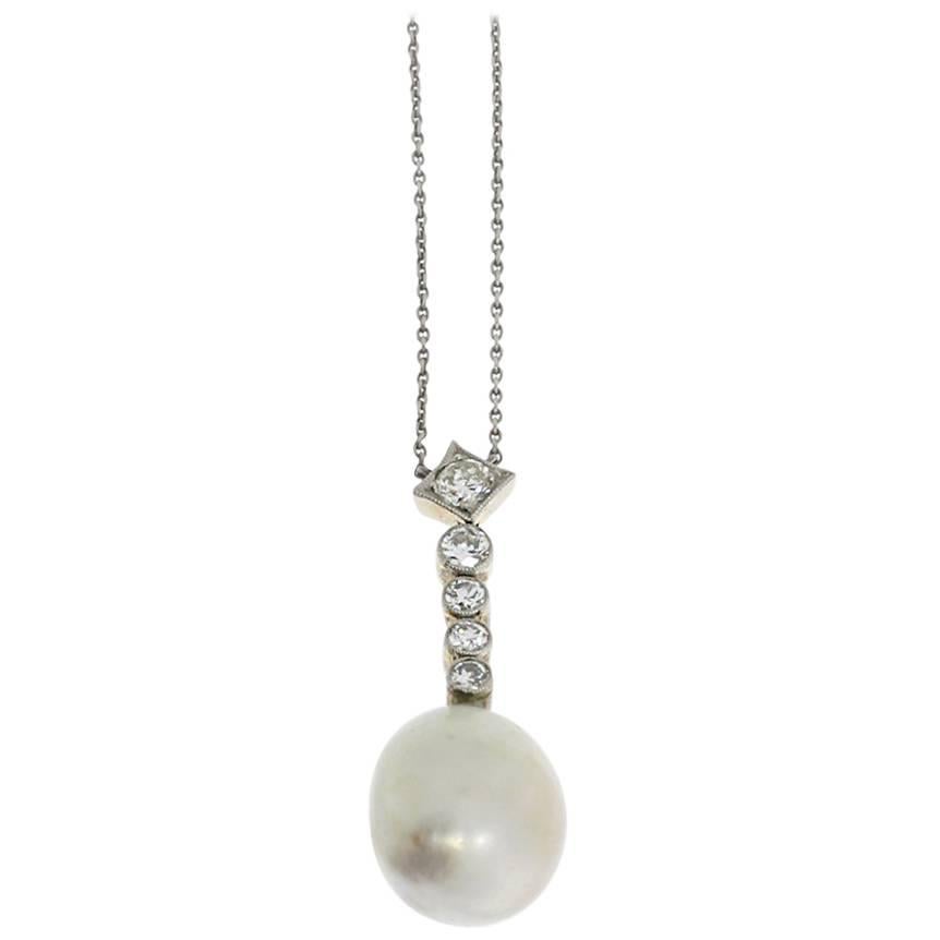 Art Deco Natural Pearl Diamond Necklace  For Sale