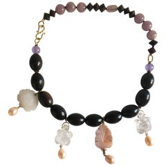 Turtle and Lotus Necklace Ebony Rock Crystal Pearls Gold