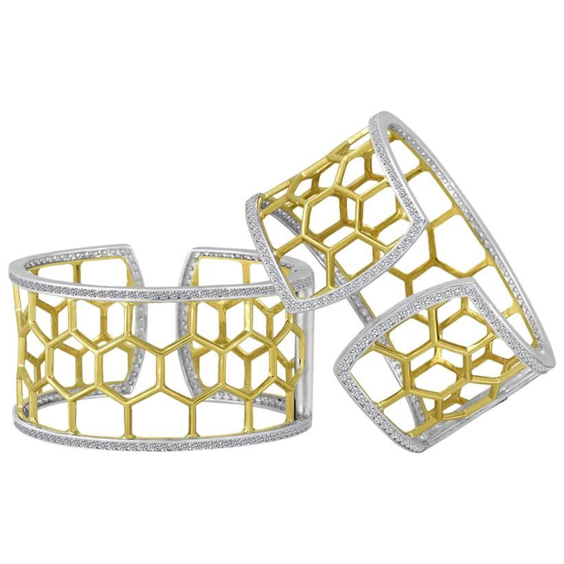 Large Green Gold Sterling Honeycomb Diamond Cuff Bracelet For Sale