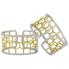 Large Green Gold Sterling Honeycomb Diamond Cuff Bracelet