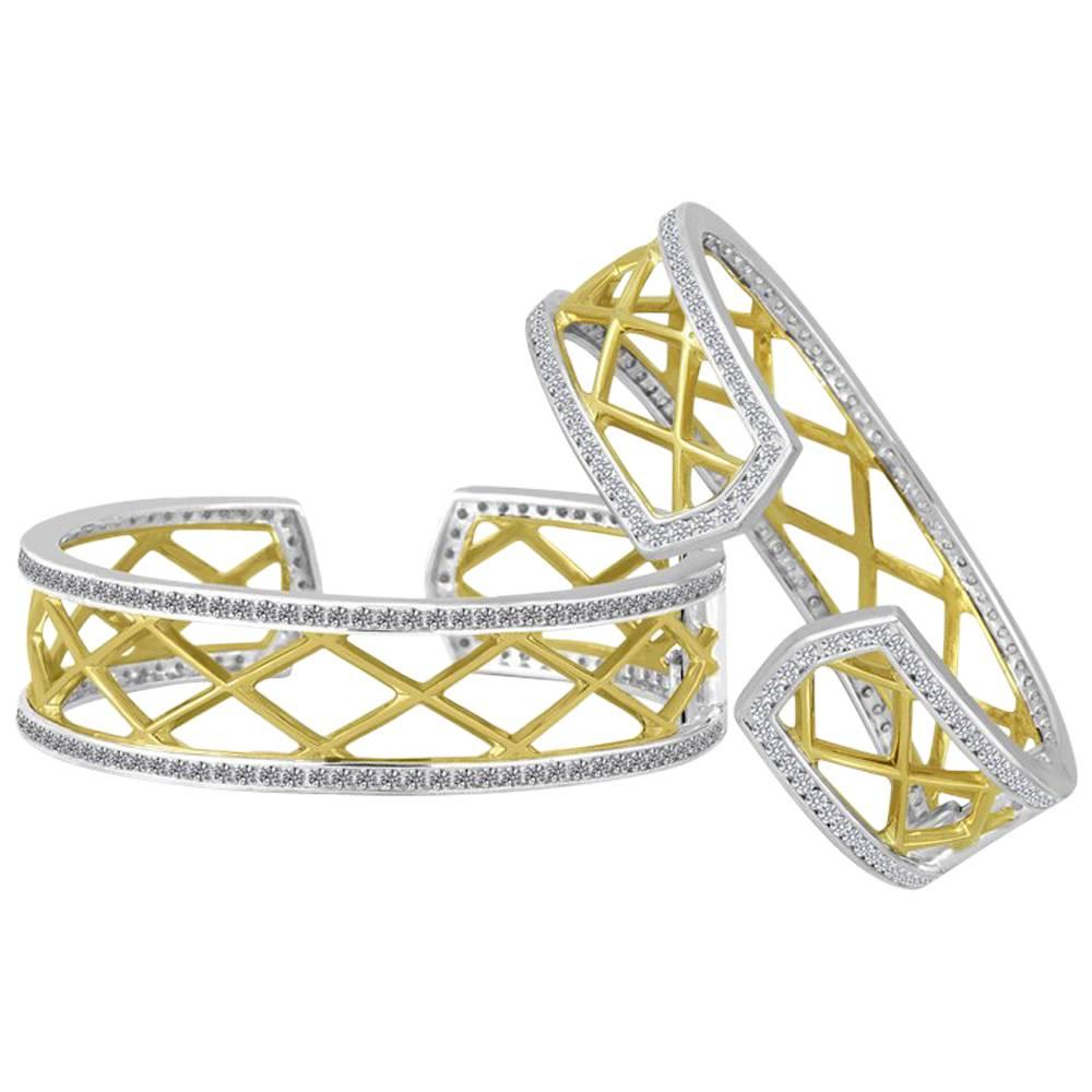 Gold Sterling Diamond Cable Cuff Bracelet For Sale