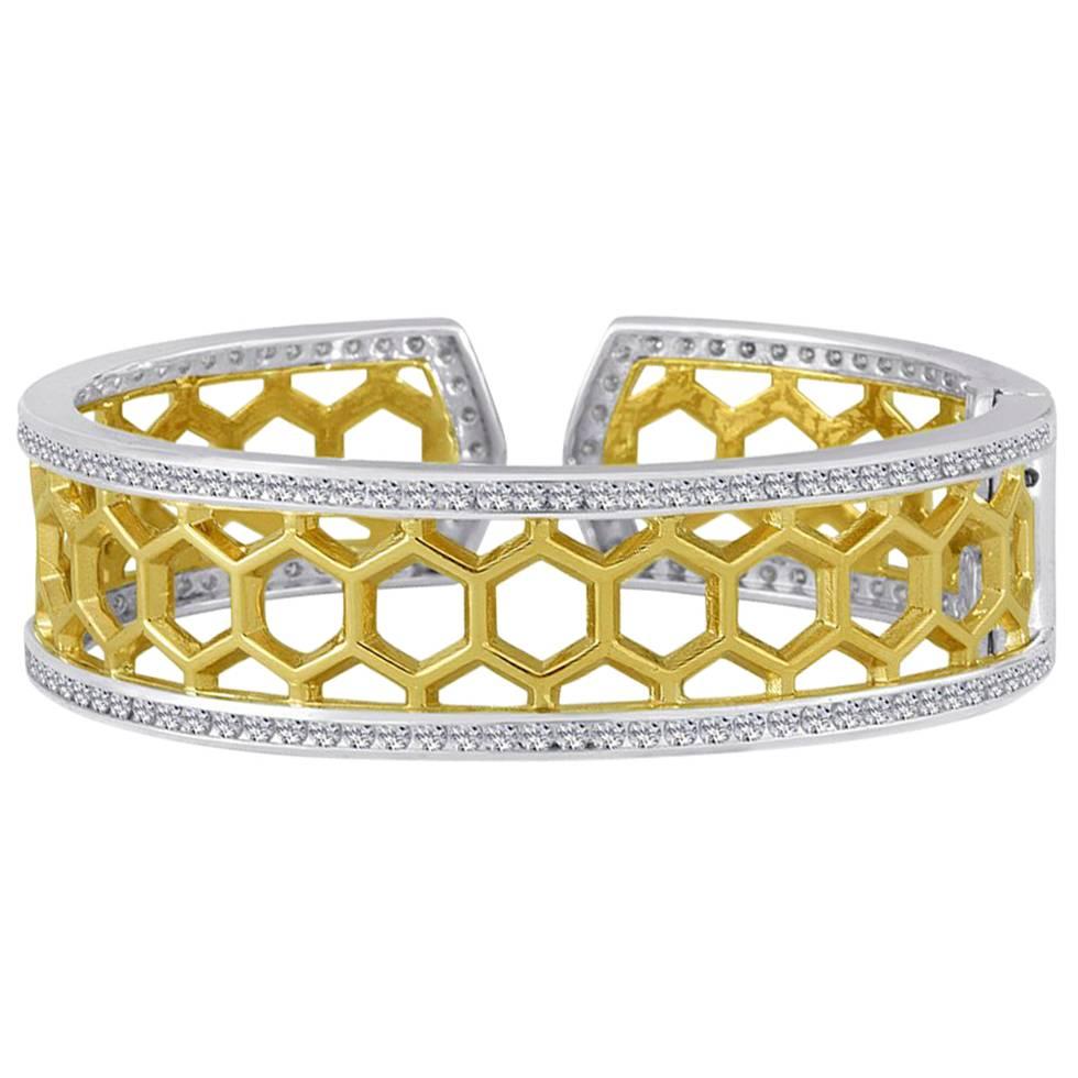 Gold and Sterling Honeycomb Diamond Cuff Bracelet For Sale