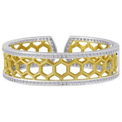 Gold and Sterling Honeycomb Diamond Cuff Bracelet