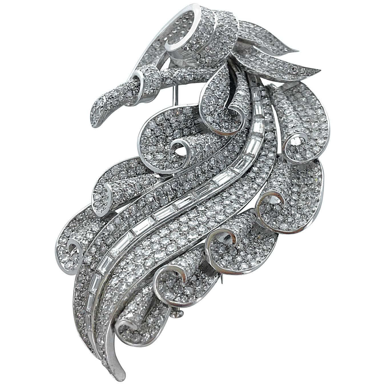 1950s French Diamond and Platinum Leaf Brooch