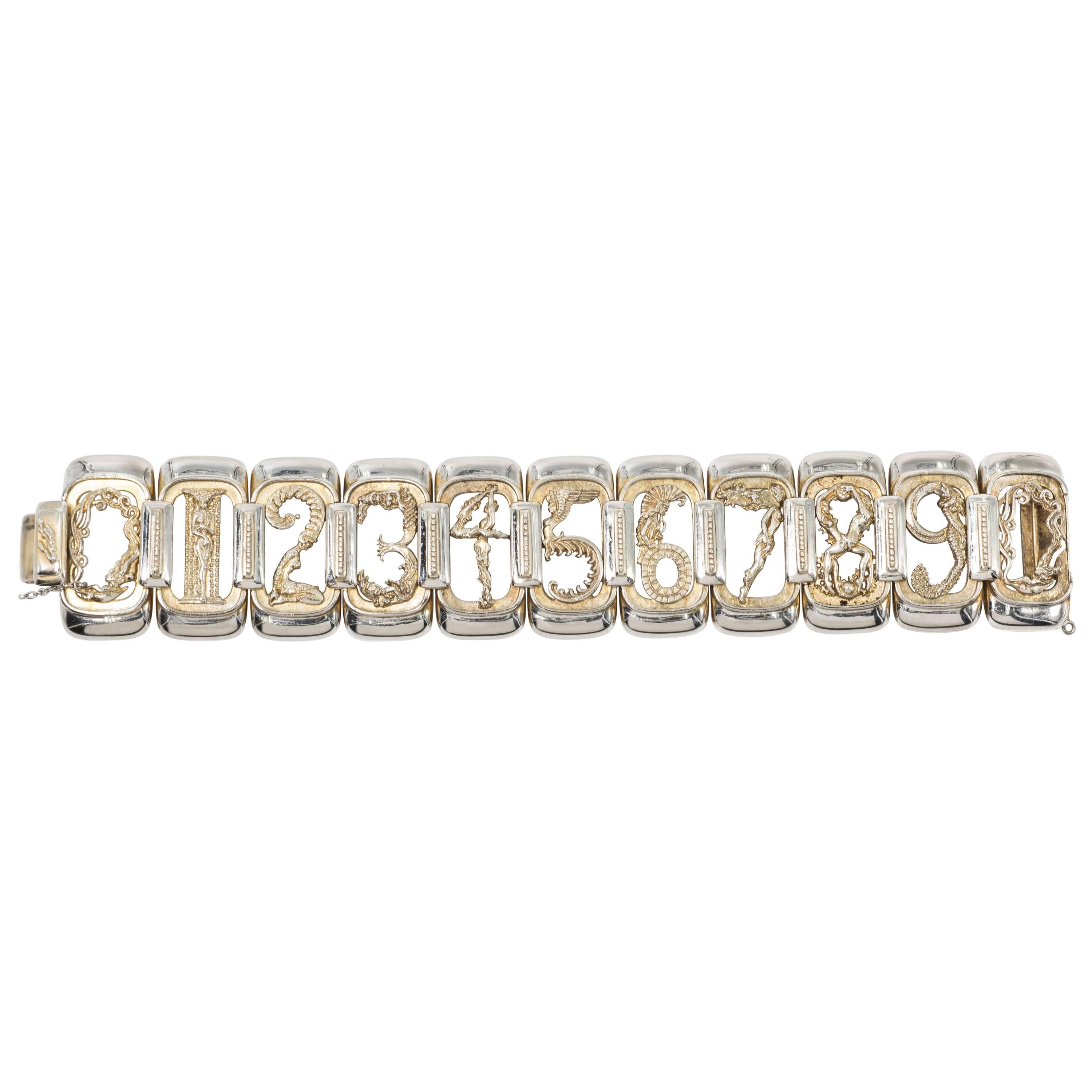  Erte Art Deco Large Vermeil Sterling Silver Figural Numbers Bracelet