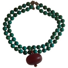 Turquoise Amber Silver Gold Changcha Necklace