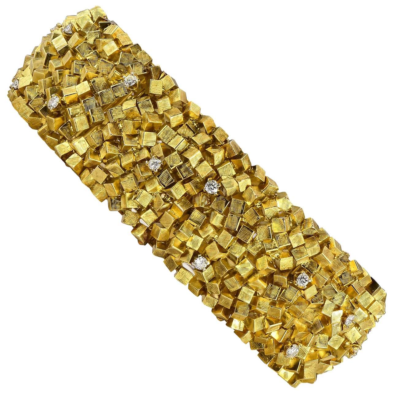 Modernist Design Diamond and Textured Gold Bracelet