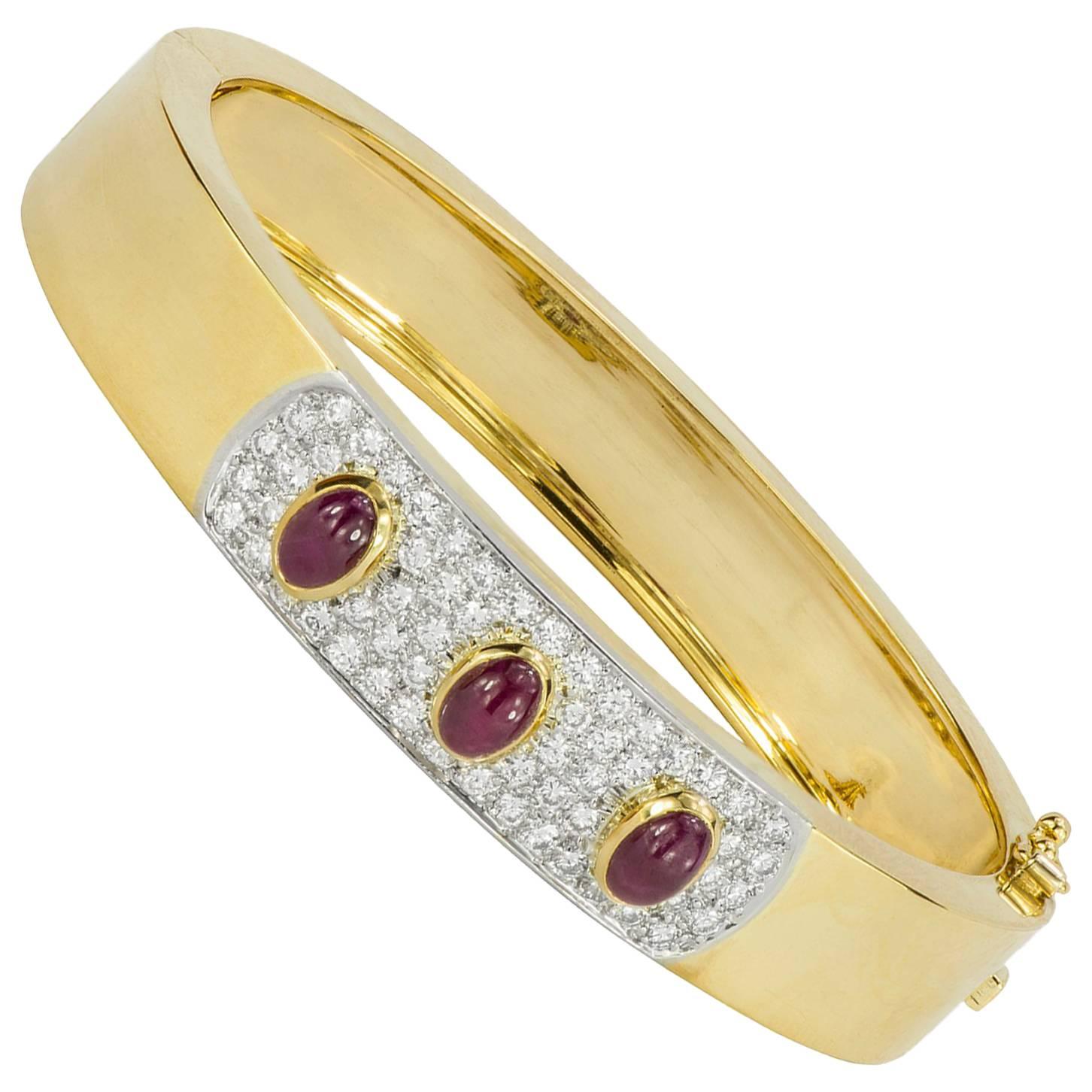 Cabochon Ruby and Diamond Yellow Gold Bangle Bracelet