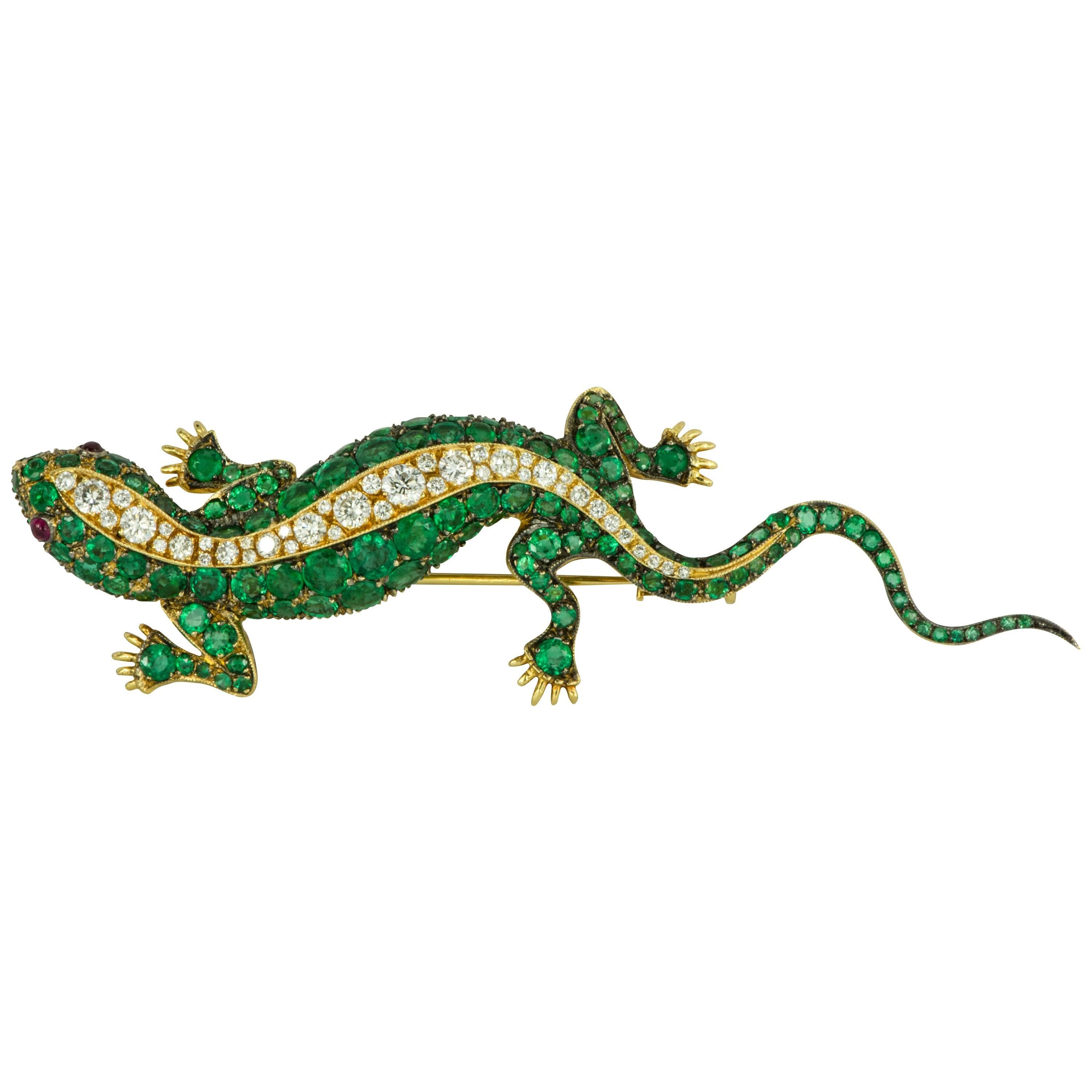 Emerald and Diamond Yellow Gold Lizard Brooch with Ruby Eyes