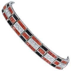 Art Deco Coral, Onyx, Diamond and Platinum Line Bracelet