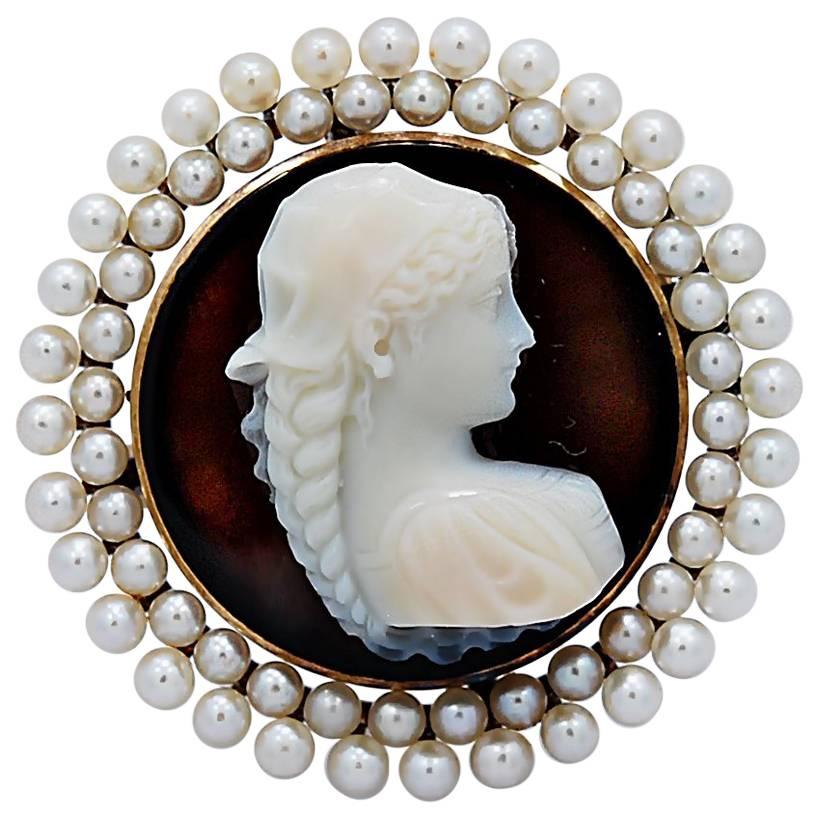 Sardonyx Antique Hard Stone Cameo Signed Pin Pendant Seed Pearls Yellow Gold For Sale