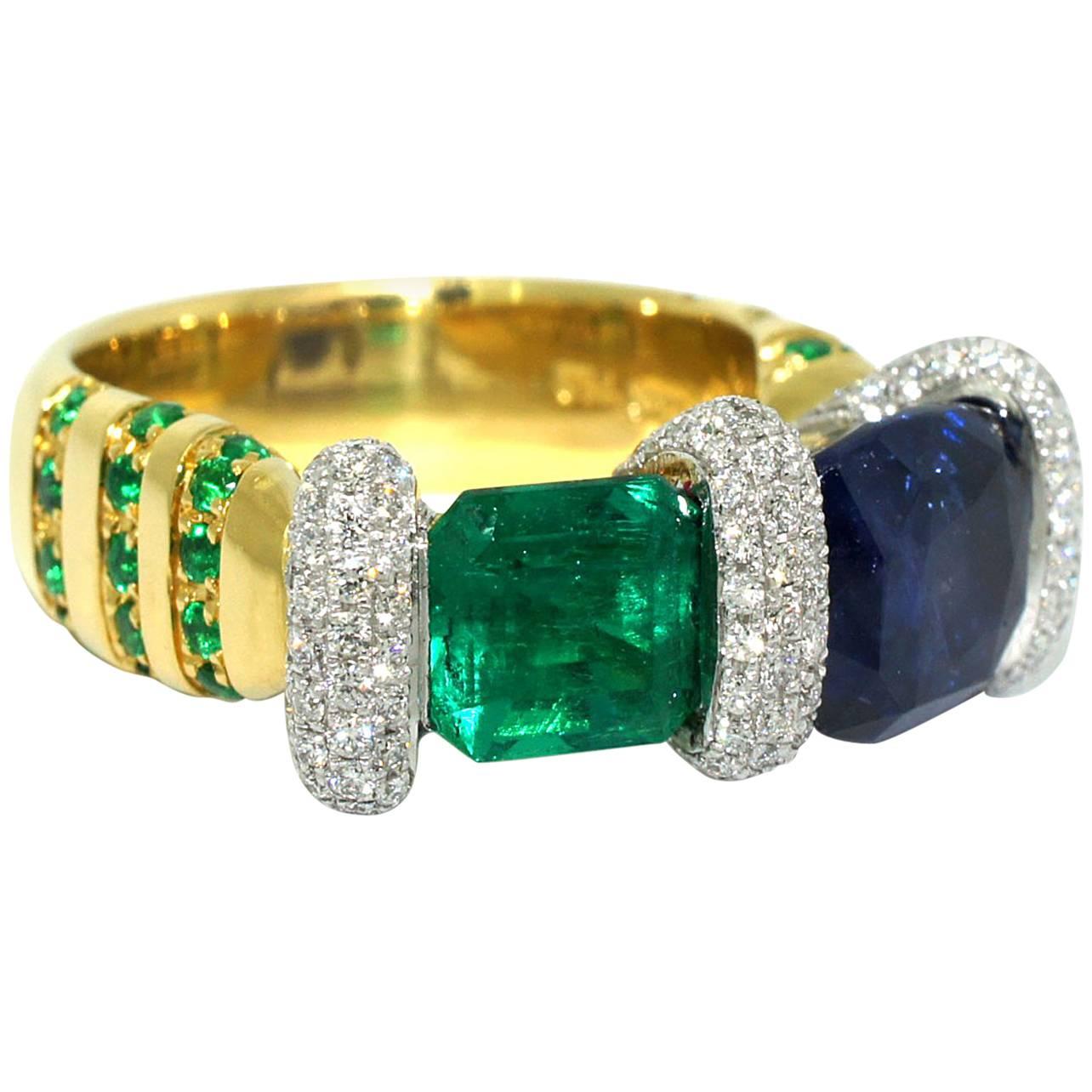 Lizunova Handmade Sapphire, Emerald & Diamond Ring in 18k yellow & white gold For Sale