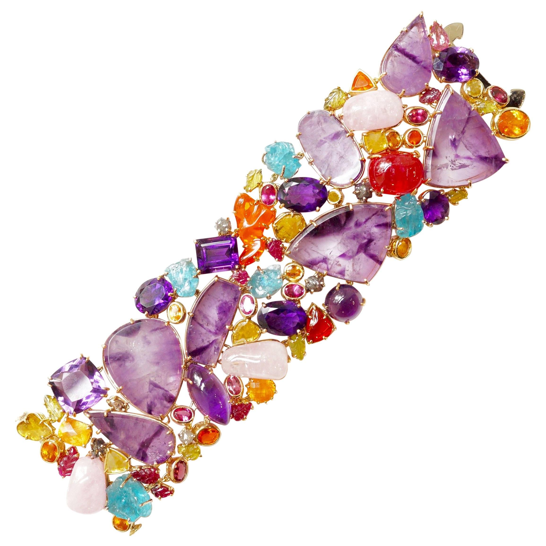 Sharon Khazzam 18 Karat Gold Multicolored Gemstone and Diamond Bracelet For Sale