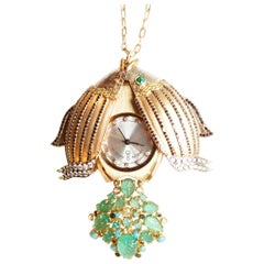 Emerald, Paraiba Tourmaline, Turquoise and Diamond Fish Watch Pendant